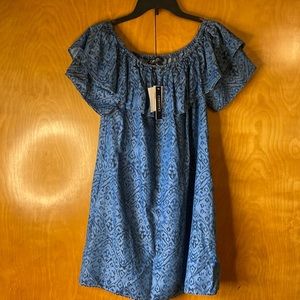 CONTEXT 100% Lyocell Off-Shoulder Blue Patterned Dress. Size M